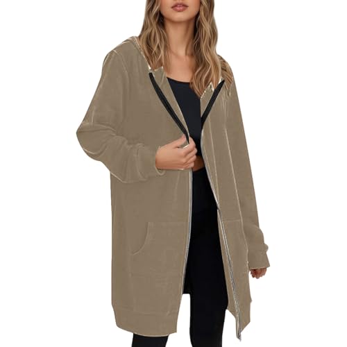 RUIRUILICO Kapuzenjacke Damen Lang Mit ReißVerschluss Oversized Baumwolle Sweatjacke Warme Jacke Mit Kapuze Herbst Winter Langarm Hoodies Weich Locker Zipper Kapuzenpullover Mit Taschen von RUIRUILICO