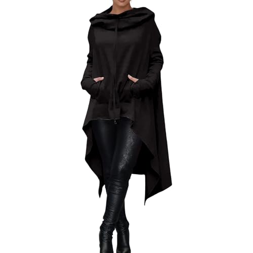 RUIRUILICO Kapuzenpullover Damen Lang Oversize mit Taschen Irregulär Vintage Hoodie für Herbst Winter Langarm Warme Sweatshirt mit Kapuze und Kordelzug Halloween Cosplay von RUIRUILICO