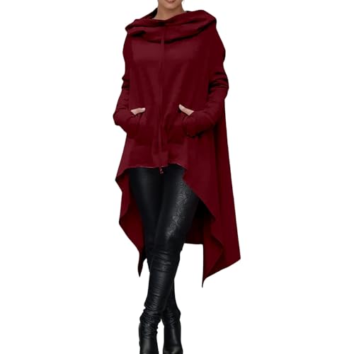 RUIRUILICO Kapuzenpullover Damen Lang Oversize mit Taschen Irregulär Vintage Hoodie für Herbst Winter Langarm Warme Sweatshirt mit Kapuze und Kordelzug Halloween Cosplay von RUIRUILICO