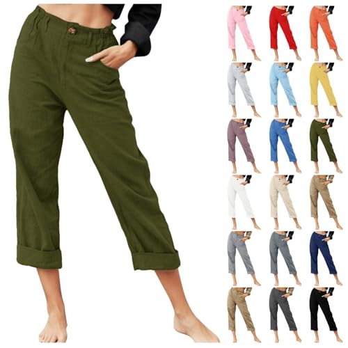 RUIRUILICO Leinenhose Damen 3/4 Hose Bequeme Luftig Stoffhose Sommer Leicht Caprihosen High Waist Strandhosen Casual Lockere Freizeithose Stretch Elegant Business Hosen mit Gummizug von RUIRUILICO