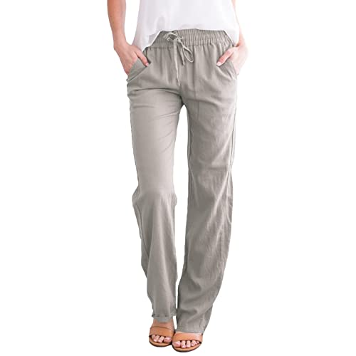 RUIRUILICO Leinenhose Damen Lang 2024 Sommerhose Leicht und Luftig Leinen Hose Casual Basic Freizeithose Einfarbig Leinen Stoffhose Luftig Sonnenschutz Strandhose mit Kordelzug und Taschen von RUIRUILICO