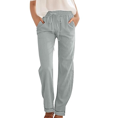 RUIRUILICO Leinenhose Damen Lang 2024 Sommerhose Leicht und Luftig Leinen Hose Casual Basic Freizeithose Einfarbig Leinen Stoffhose Luftig Sonnenschutz Strandhose mit Kordelzug und Taschen von RUIRUILICO