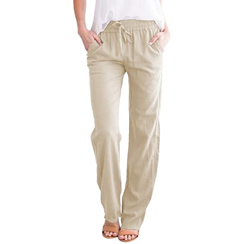 RUIRUILICO Leinenhose Damen Lang 2024 Sommerhose Leicht und Luftig Leinen Hose Casual Basic Freizeithose Einfarbig Leinen Stoffhose Luftig Sonnenschutz Strandhose mit Kordelzug und Taschen von RUIRUILICO