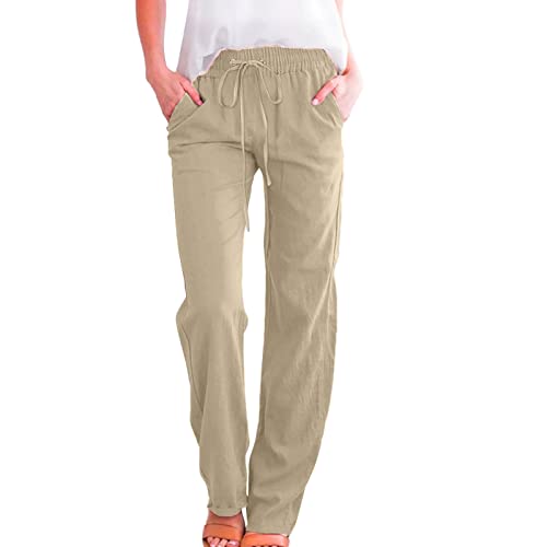 RUIRUILICO Leinenhose Damen Lang 2024 Sommerhose Leicht und Luftig Leinen Hose Casual Basic Freizeithose Einfarbig Leinen Stoffhose Luftig Sonnenschutz Strandhose mit Kordelzug und Taschen von RUIRUILICO