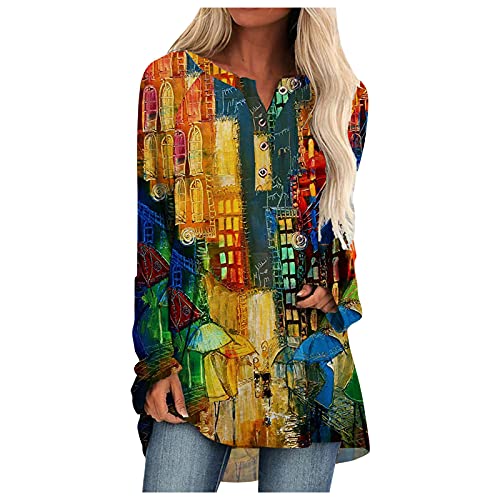 RUIRUILICO Longbluse Damen Sommer Damenblusen Bunt Bluse Kurzarm Rundhal Shirts Vintage Boho Tshirt Elegant und Lang Flowy Locker Bunte Tunika Damen Oversize Mode Frühling Sommer Buntes Oberteil von RUIRUILICO