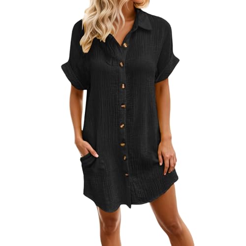 RUIRUILICO Musselin Kleid Damen Leinen Blusenkleid Sommer Kurzarm Freizeitkleid V-Ausschnitt Casual Hemdkleid Long Knopfleiste Knielang Leinenkleider Leicht Locker Strandkleid Mit Taschen von RUIRUILICO