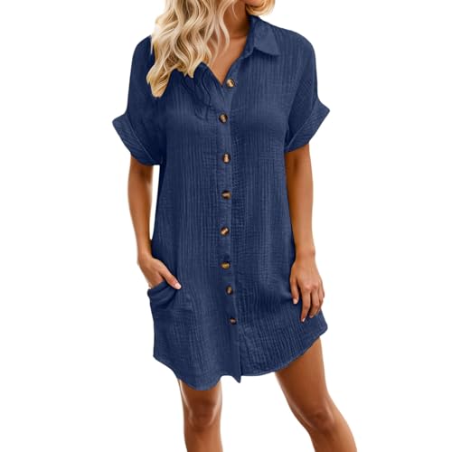 RUIRUILICO Musselin Kleid Damen Leinen Blusenkleid Sommer Kurzarm Freizeitkleid V-Ausschnitt Casual Hemdkleid Long Knopfleiste Knielang Leinenkleider Leicht Locker Strandkleid Mit Taschen von RUIRUILICO