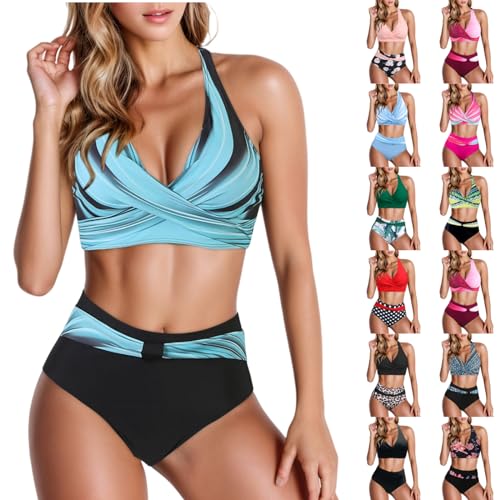 RUIRUILICO Neckholder Bikini Damen Große Größen Tankini Sets Zweiteiler Bauchweg Badeanzug V Ausschnitt Gepolstert Push Up BH Bademode Bauchkontrolle Bikini Set Sommer Strandmode Schwimmanzug von RUIRUILICO