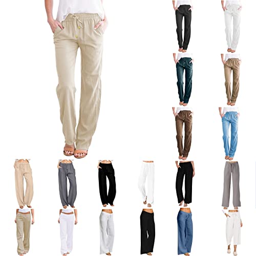 RUIRUILICO Sommerhose Damen Leicht Freizeithose Leinen Frauen Straight Weite Beine Hose Leinenhose Lange Loose Beach Pants Casual Strandhose Loose Fit Einfarbige Hosen Jogginghose Yogahose von RUIRUILICO