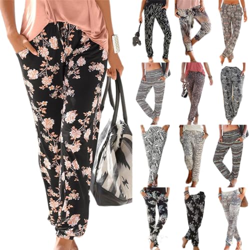 RUIRUILICO Sommerhosen Damen Leicht und Luftig Leinenhose mit Taschen Baggy Atmungsaktiv Strandhose Elastische Taille Freizeithose Leinen Baumwolle Soft Stoffhose Bunt Blumenmuster Boho Hosen von RUIRUILICO