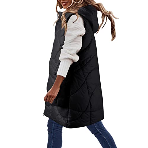 RUIRUILICO Steppweste Damen Lang Daunenweste mit Kapuze Leichte Ärmellose Wintermantel Lässiger Longweste Gefütterte Winddicht Übergangsjacke Herbst Winter Warm Weste mit ReißVerschluss Steppjacke von RUIRUILICO