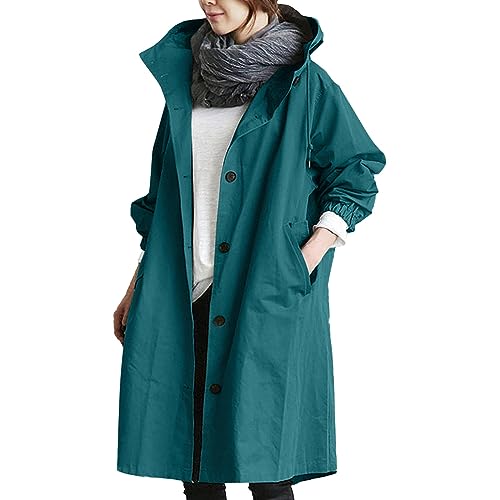 RUIRUILICO Trenchcoat Damen Lang mit Kapuze Frühling Herbst Winddichte Übergangsjacke Leichter Atmungsaktiv Oversize Windjacke für Outdoor Laufen Sport von RUIRUILICO