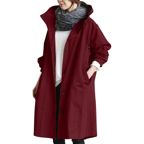 RUIRUILICO Trenchcoat Damen Lang mit Kapuze Frühling Herbst Winddichte Übergangsjacke Leichter Atmungsaktiv Oversize Windjacke für Outdoor Laufen Sport von RUIRUILICO