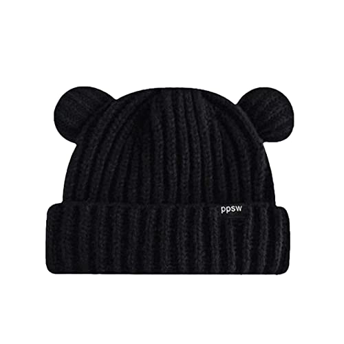 RUIRUILICO Unisex Kawaii Strickmütze Damen Warme Verdicken Winddicht Wintermützen Herren Wild Slouchy Gefütterte Beanie Mütze Chemo Mützen mit Bärenohren von RUIRUILICO