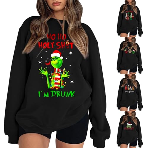 RUIRUILICO Weihnachtspullover Damen Grinch Weihnachten Pullover 3D Muster Lustig Weihnachtspulli Hässlicher Christmas Sweatshirt Rundhals Langarm Longpullover für Weihnachten Festlich Party von RUIRUILICO