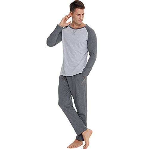 Herren Schlafanzug, Lang Pyjama Set, Langarm mit Bündchen, Baumwolle Zweiteiliger Nachtwäsche, Langarm Shirt mit Rundhals & Volltonfarbe Schlafanzughose Hausanzug Freizeitanzug für Männer S-XXL von RUIRUIY