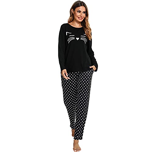 RUIRUIY Schlafanzug Damen Baumwolle Lang,Damen Schlafanzug Langarm mit Tasche,Winter Pyjama Set Cartoonmuster Zweiteiliger Sleepwear Langarm Nachtw?sche Lang Hausanzug (Schwarz, XL) von RUIRUIY