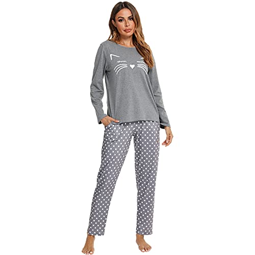 RUIRUIY Schlafanzug Damen Baumwolle Lang,Damen Schlafanzug Langarm mit Tasche,Winter Pyjama Set Cartoonmuster Zweiteiliger Sleepwear Langarm Nachtw?sche Lang Hausanzug (grau, L) von RUIRUIY