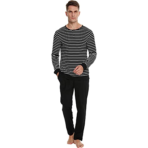 RUIRUIY Schlafanzug Herren Baumwolle,Herren Schlafanzug lang Zweiteiliger Pyjama Set mit Bündchen Warm Nachtwäsche Langarm Shirt & Schlafanzughose für Männer Winter (Schwarz, S) von RUIRUIY