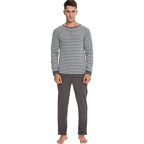 RUIRUIY Schlafanzug Herren Baumwolle,Herren Schlafanzug lang Zweiteiliger Pyjama Set mit Bündchen Warm Nachtwäsche Langarm Shirt & Schlafanzughose für Männer Winter (grau, L) von RUIRUIY