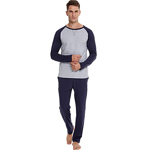 RUIRUIY Schlafanzug Herren Baumwolle,Pyjama Herren Winter Lang Zweiteiliger Schlafanzug Herren Warm Nachtwäsche Langarm Rundhals Hausanzug, Marine, S von RUIRUIY