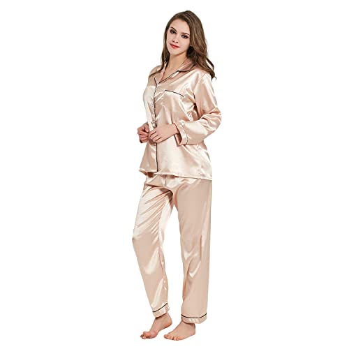 RUIRUIY Seidig Satin Schlafanzüge für Damen,Pyjama für Damen Langarm Damen Schlafanzug mit Knopfleiste Nachtwäsche PJ Set Long Pajama Pants and Pajama Tops, Two-Piece (Champagner, M) von RUIRUIY