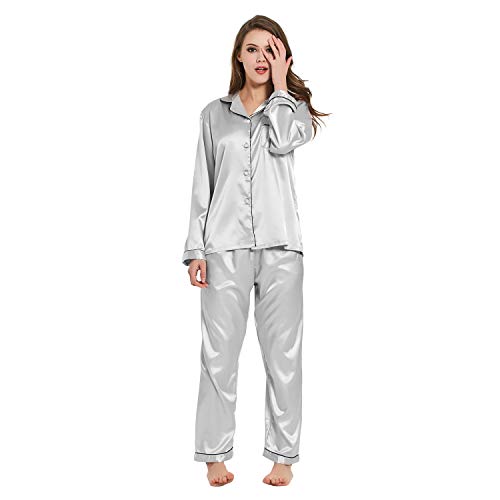 RUIRUIY Seidig Satin Schlafanzüge für Damen,Pyjama für Damen Langarm Damen Schlafanzug mit Knopfleiste Nachtwäsche PJ Set Long Pajama Pants and Pajama Tops, Two-Piece (Gray, XL) von RUIRUIY