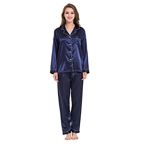 RUIRUIY Seidig Satin Schlafanzüge für Damen,Pyjama für Damen Langarm Damen Schlafanzug mit Knopfleiste Nachtwäsche PJ Set Long Pajama Pants and Pajama Tops, Two-Piece (Navy, M) von RUIRUIY