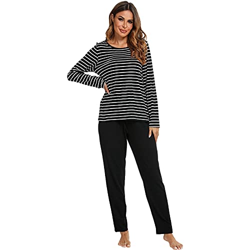 Schlafanzug Damen Baumwolle Lang,Damen Schlafanzug Langarm Zweiteilige Nachtwäsche Lang Baumwolle, Langarm Sleepwear Hausanzug, Gestreift Rundhals Sleepshirt & Pyjamahose Für Herbst Winter Schwarz, XL von RUIRUIY