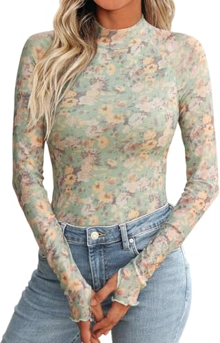 RUISHH Damen Blumendruck Netzoberteil Spitze Langarmshirt Clubwear Party Rollkragen Tops Leopard Tunika Z-Blumen Grün S von RUISHH