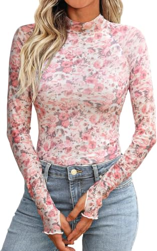 RUISHH Damen Blumendruck Netzoberteil Spitze Langarmshirt Clubwear Party Rollkragen Tops Leopard Tunika Z-Blumen Rosa L von RUISHH
