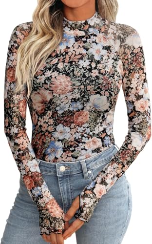 RUISHH Damen Blumendruck Netzoberteil Spitze Langarmshirt Clubwear Party Rollkragen Tops Leopard Tunika Z-Blumen Schwarz L von RUISHH