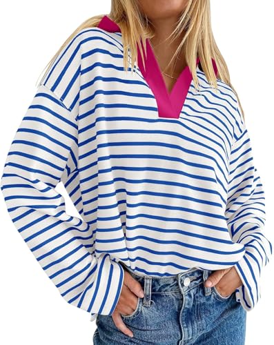 RUISHH Damen Gestreifte Sweatshirts V-Ausschnitt Sweater Casual Langarm Pulli Loose Fit Tops Sweater Blau S von RUISHH