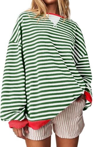 RUISHH Damen Gestreiftes Sweatshirt Rundausschnitt Sweater Oversized Langarm Pulli Y2K Oberteile Grün XL von RUISHH