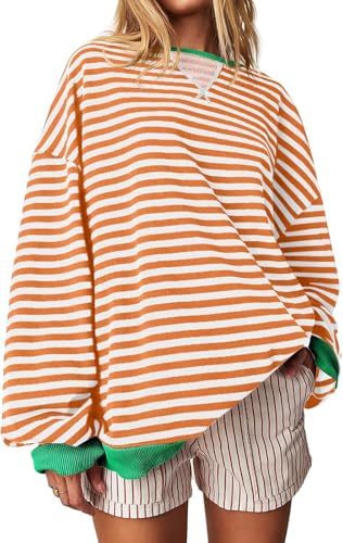 RUISHH Damen Gestreiftes Sweatshirt Rundausschnitt Sweater Oversized Langarm Pulli Y2K Oberteile Orange M von RUISHH