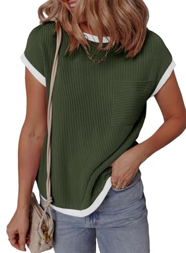 RUISHH Damen Kurzarm T Shirts Rundhalsausschnitt Casual Color Block Tops Basic Loose Fit Oberteile Grün M RUISHH Damen Kurzarm T Shirts Rundhalsausschnitt Casual Color Block Tops Basic Loose Fit Oberteile Grün M von RUISHH