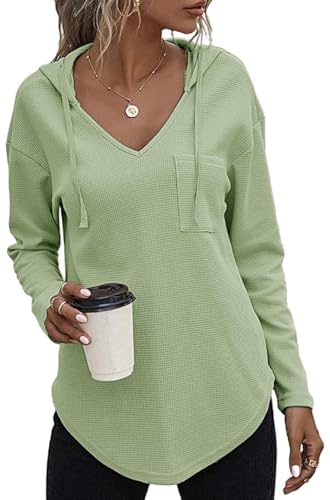 RUISHH Damen Langarm Hoodie V Ausschnitt Waffel Kapuzenpullover Einfarbig Sweatshirt Casual Oberteile Mintgrün S von RUISHH