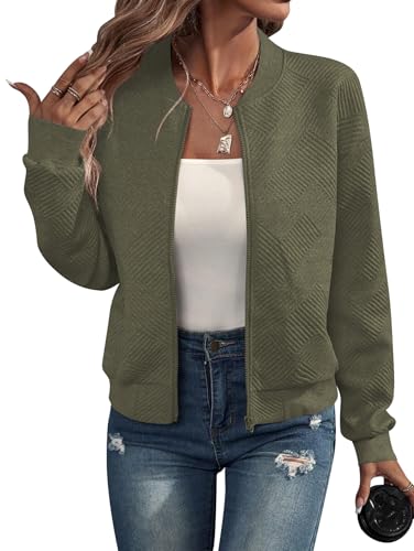 RUISHH Damen Langarm Jacke Casual Bomberjacke Baseball Jacke Reißverschluss Leichte Übergangsjacke Armeegrün L von RUISHH
