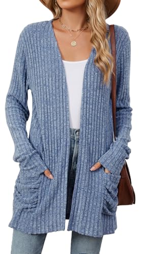 RUISHH Damen Langarm Leichte Strickjacke Lang Elegant Cardigan Gestrickt Dehnbare Strickpullover mit Taschen Blau M von RUISHH