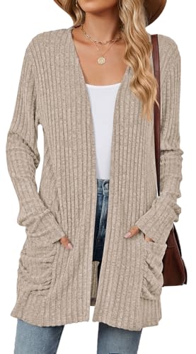 RUISHH Damen Langarm Leichte Strickjacke Lang Elegant Cardigan Gestrickt Dehnbare Strickpullover mit Taschen Khaki XXL von RUISHH