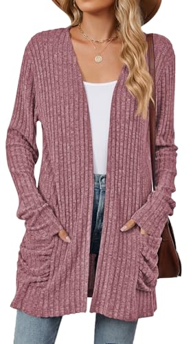 RUISHH Damen Langarm Leichte Strickjacke Lang Elegant Cardigan Gestrickt Dehnbare Strickpullover mit Taschen Lila M von RUISHH