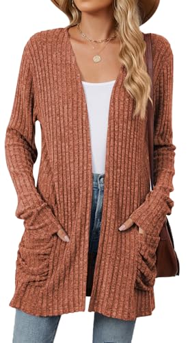 RUISHH Damen Langarm Leichte Strickjacke Lang Elegant Cardigan Gestrickt Dehnbare Strickpullover mit Taschen Rot XXL von RUISHH