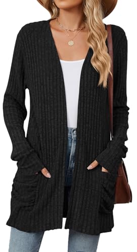RUISHH Damen Langarm Leichte Strickjacke Lang Elegant Cardigan Gestrickt Dehnbare Strickpullover mit Taschen Schwarz XXL RUISHH Damen Langarm Leichte Strickjacke Lang Elegant Cardigan Gestrickt Dehnbare Strickpullover mit Taschen Schwarz XXL von RUISHH