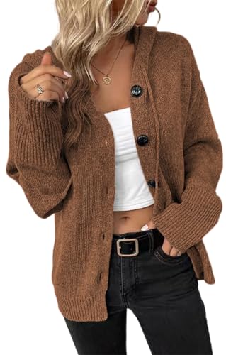 RUISHH Damen Langarm Strickjacke mit Kapuze Elegant Cardigan Gestrickt Knopfleiste Strickpullover Casual Pullover Braun L von RUISHH