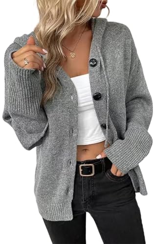 RUISHH Damen Langarm Strickjacke mit Kapuze Elegant Cardigan Gestrickt Knopfleiste Strickpullover Casual Pullover Grau S von RUISHH