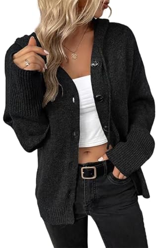 RUISHH Damen Langarm Strickjacke mit Kapuze Elegant Cardigan Gestrickt Knopfleiste Strickpullover Casual Pullover Schwarz M von RUISHH