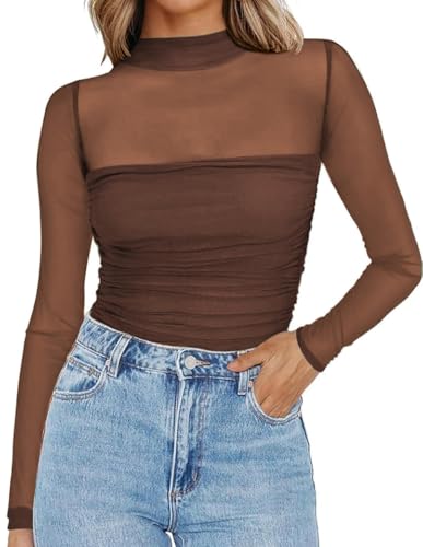 RUISHH Damen Sexy Patchwork Sheer Mesh Netzoberteil Transparent Langarmshirt Clubwear Party Tops Rollkragen Tunika Braun XXL von RUISHH