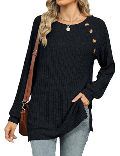 RUISHH Damen Strickpullover Schlitz Sweater mit Knöpfen Sweatshirt Frühling Herbst Winter Casual Langarmshirt Tunika Schwarz M von RUISHH