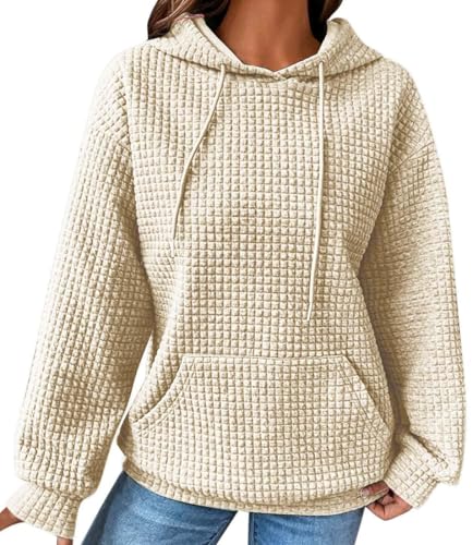 RUISHH Damen Waffel Kapuzenpullover mit Taschen Casual Hoodie Langarm Kordelzug Sweater Lässig Oberteile Beige S von RUISHH