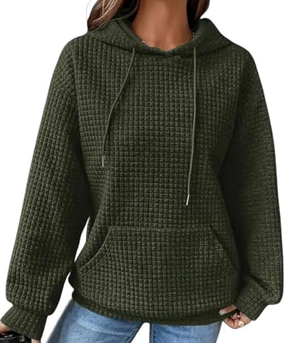 RUISHH Damen Waffel Kapuzenpullover mit Taschen Casual Hoodie Langarm Kordelzug Sweater Lässig Oberteile Grün XL von RUISHH